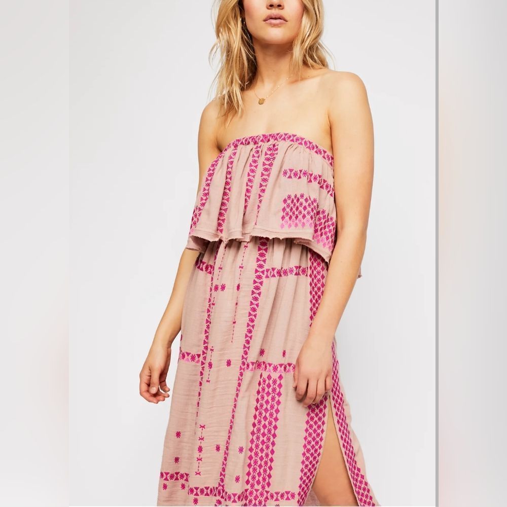 Free People Pink and Cream Tiered Midi Sundress